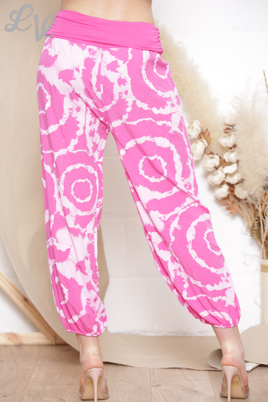 Ladies Swirl Tie Dye Print Gypsy Style Trousers Cerise