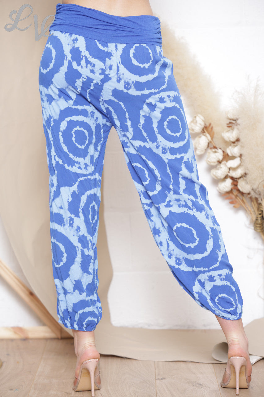 Ladies Swirl Tie Dye Print Gypsy Style Trousers Royal Blue