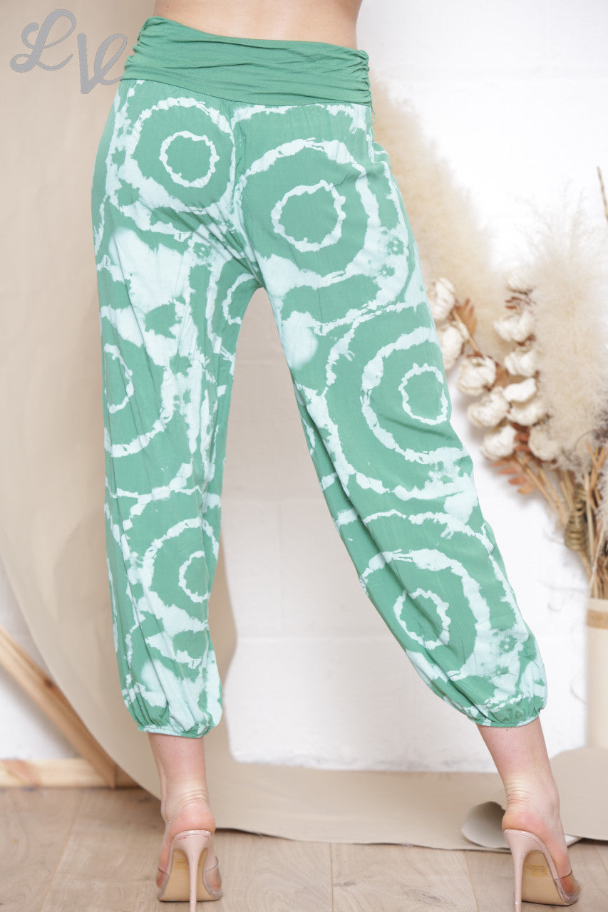 Ladies 	Swirl Tie Dye Print Gypsy Style Trousers Green