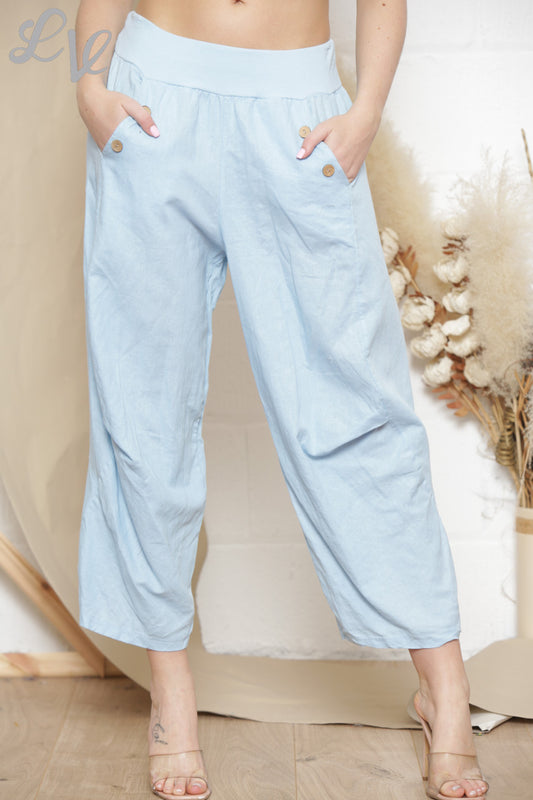 Dames linnen broek met knoop en zak detail zilver