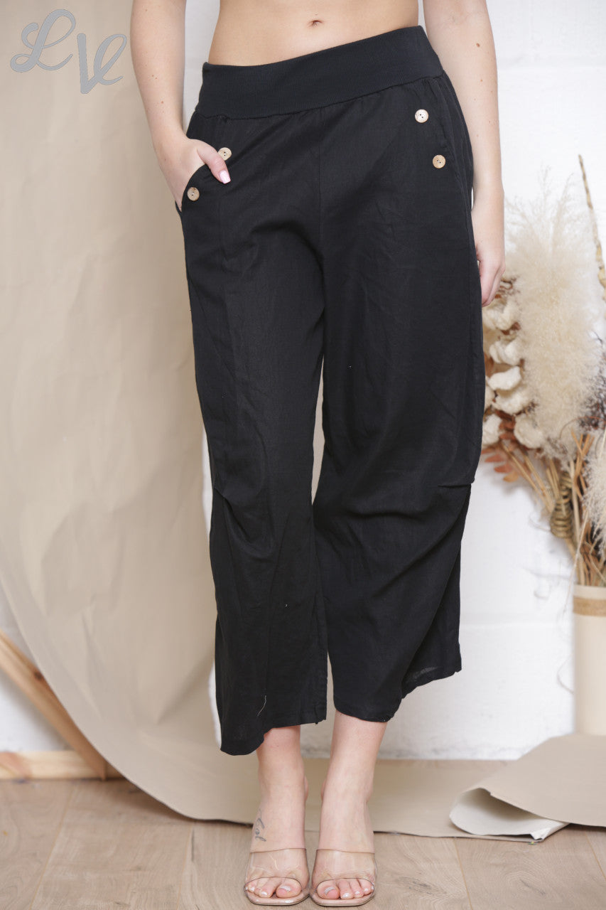 Dames Linnen Broek Met Knoopzakje Zwart