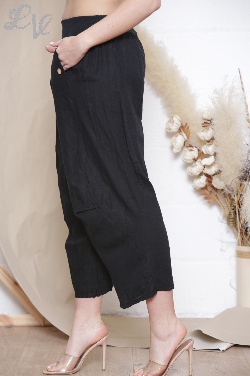 Dames Linnen Broek Met Knoopzakje Zwart