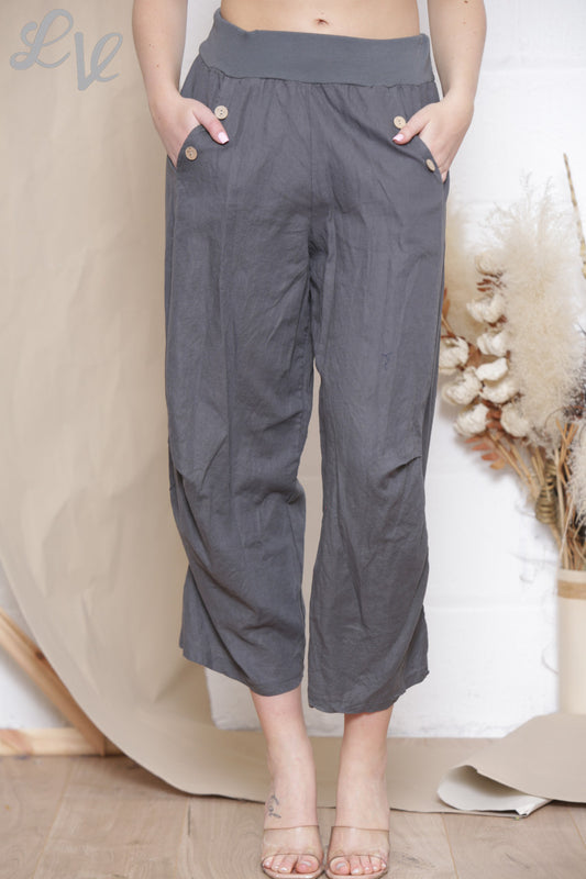 Dames linnen broek met knoop en zak detail Antraciet