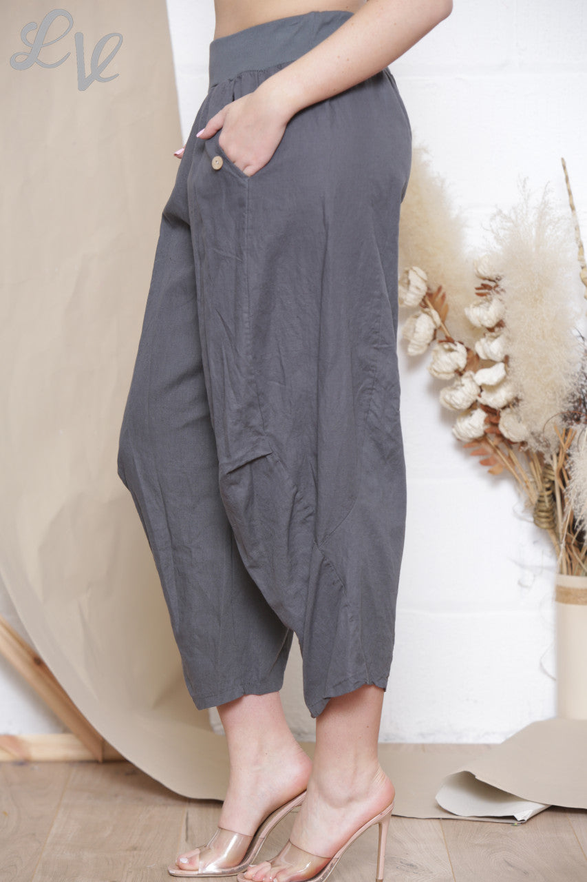 Ladies Button Pocket Detail Linen Trousers Charcoal