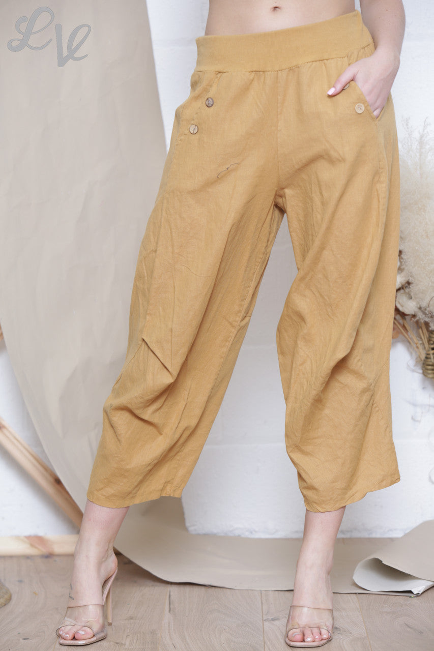 Dames Linnen Broek Met Knopen en Zakken Mosterd