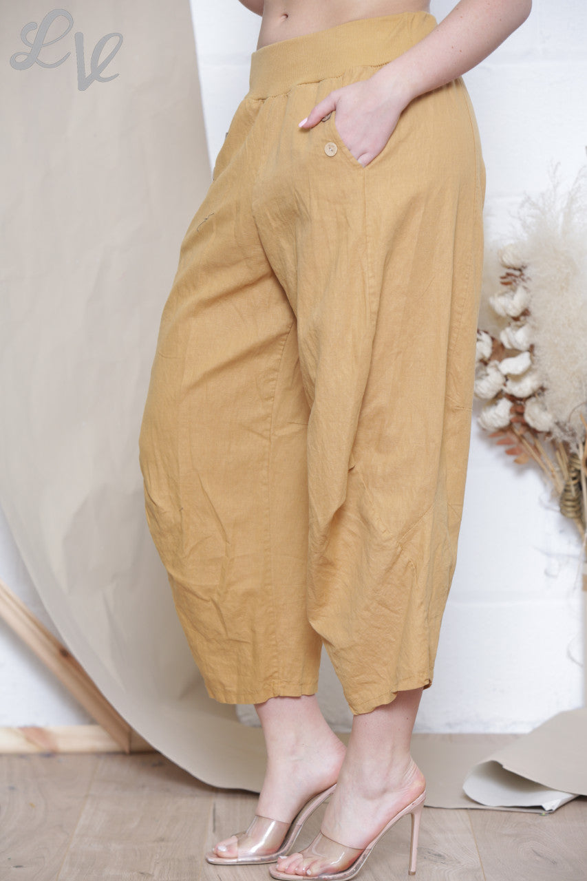Dames Linnen Broek Met Knopen en Zakken Mosterd