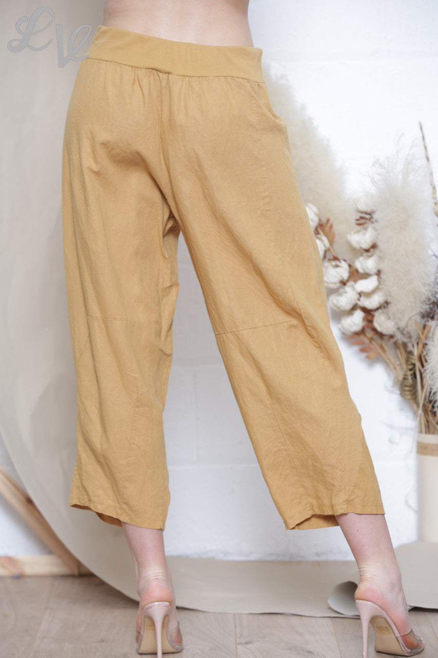 Dames Linnen Broek Met Knopen en Zakken Mosterd