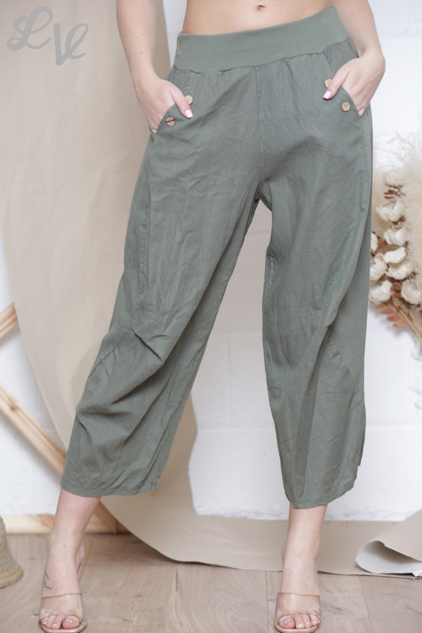 Dames linnen broek met knoop en zakdetail Khaki