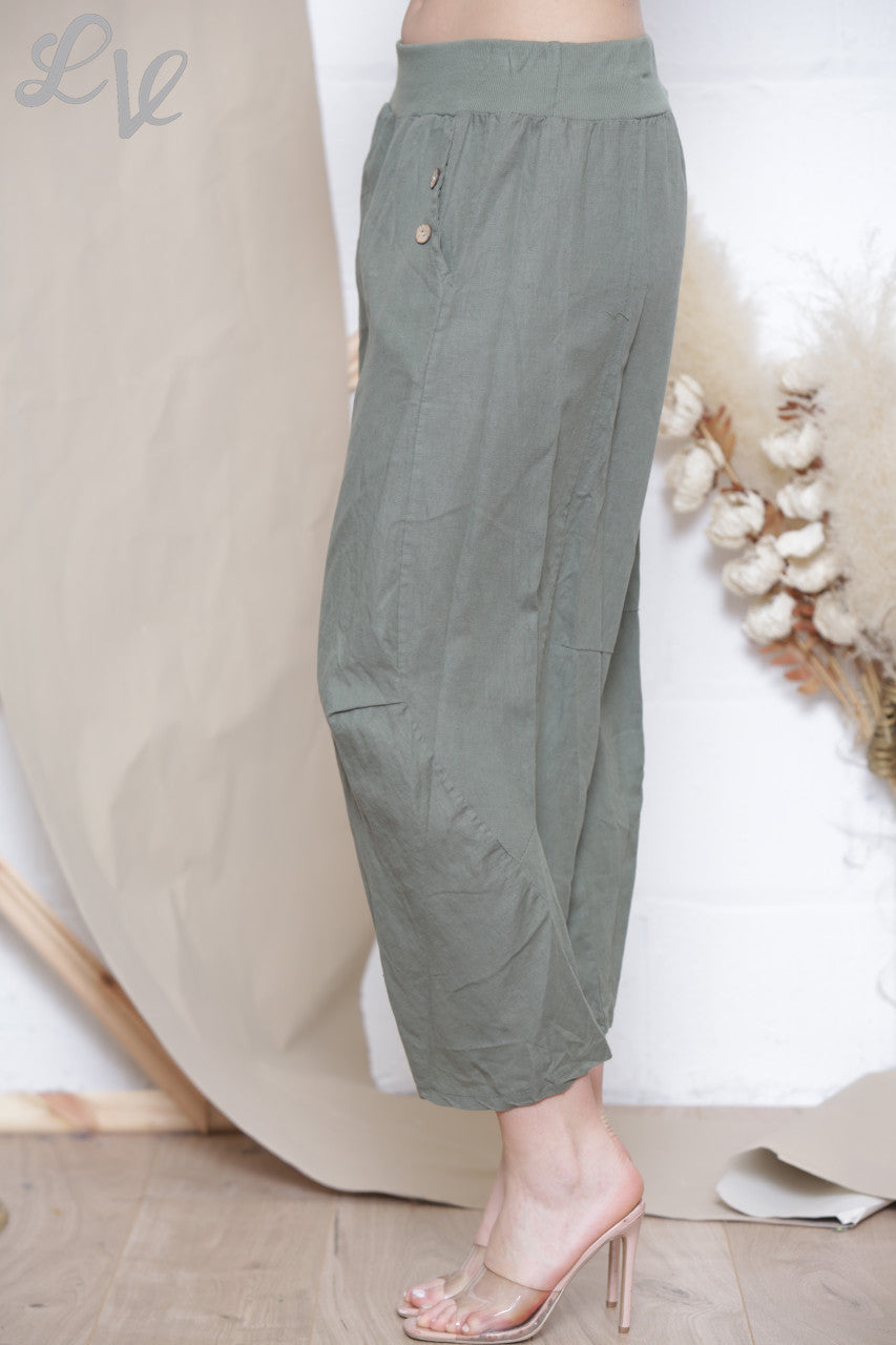 Dames linnen broek met knoop en zakdetail Khaki