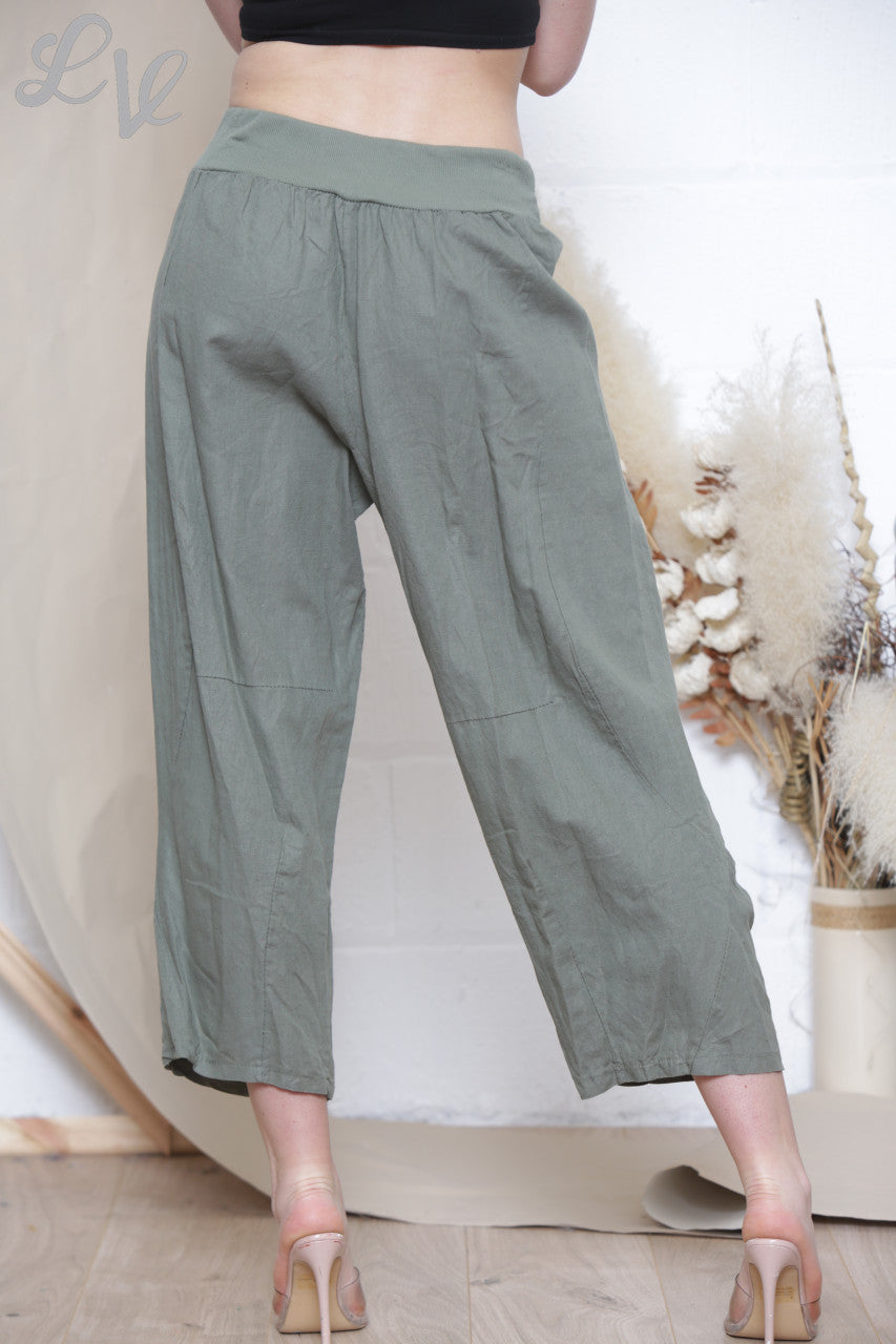 Dames linnen broek met knoop en zakdetail Khaki