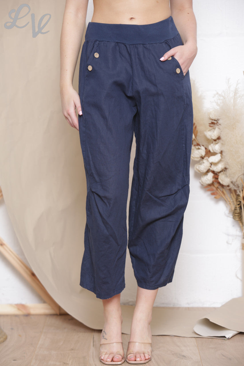 Dames Linnen Broek Navy met Knoopzakdetail