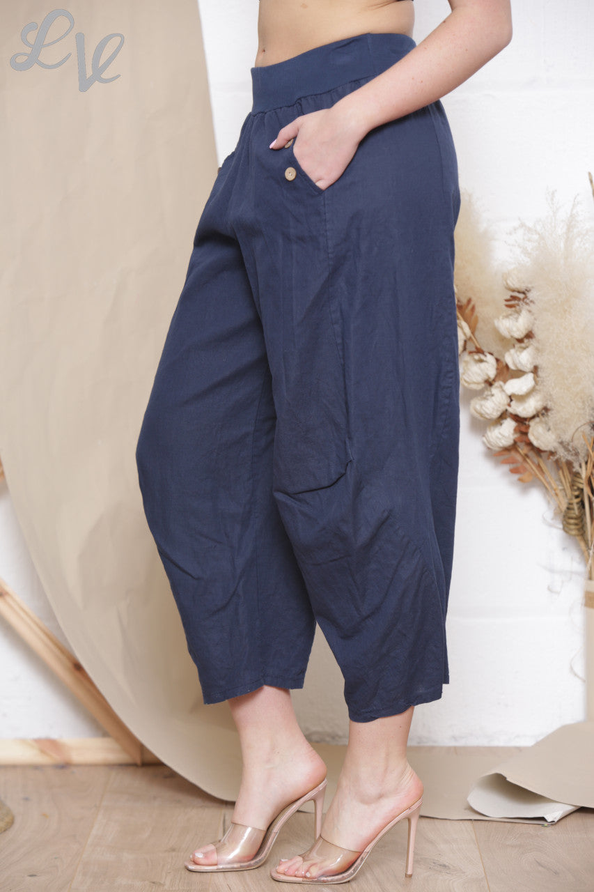 Dames Linnen Broek Navy met Knoopzakdetail