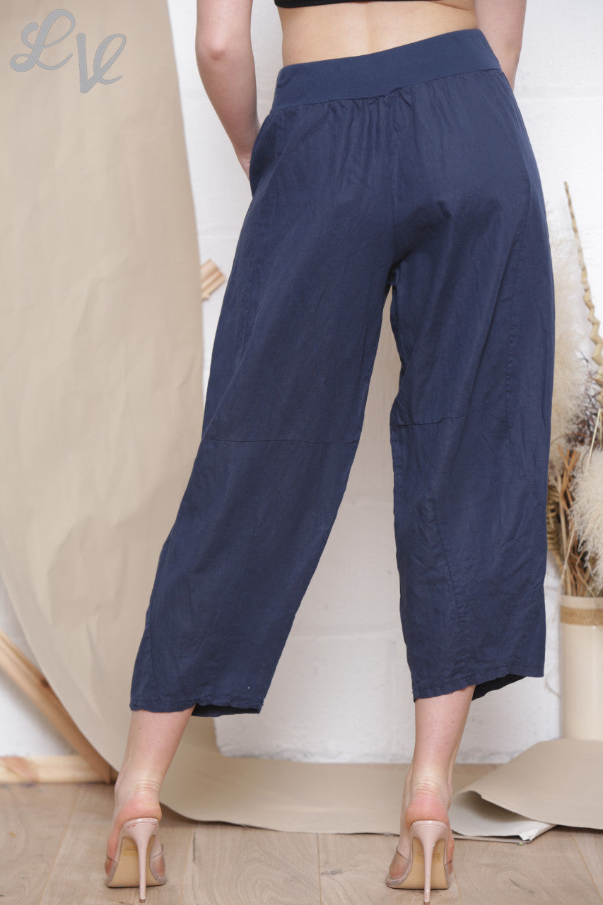 Dames Linnen Broek Navy met Knoopzakdetail