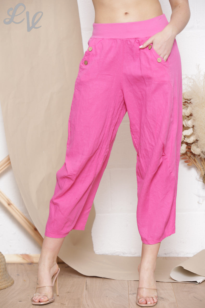 Dames Linnen Broek Met Knoop-En Zakdetails Cerise