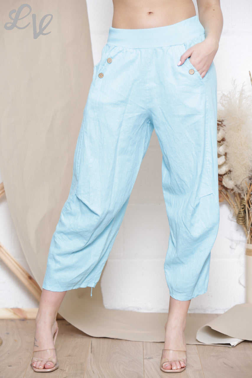 Dames Linnen Broek Met Knoopzakje Lichtblauw