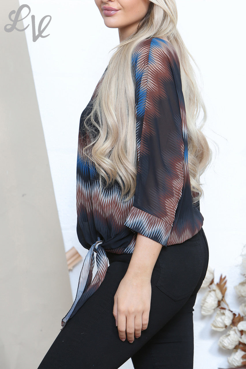 Ladies Zig Zag Blur Print Tie Side Blouse Black