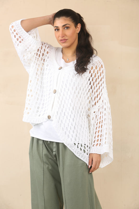 CROCHET BUTTON FASTENING CARDIGAN - WHITE