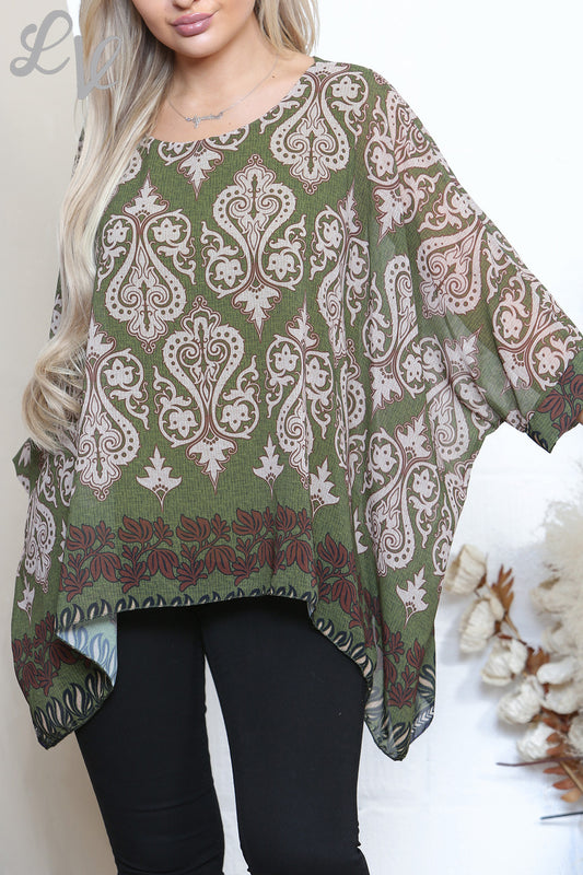 Dames Batwing Bloes Top met Damast Paisley Print Kaki