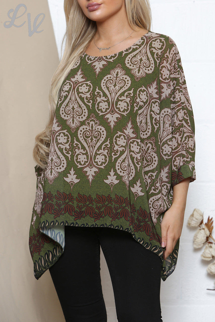 Ladies Damask Paisley Print Batwing Blouse Top Khaki
