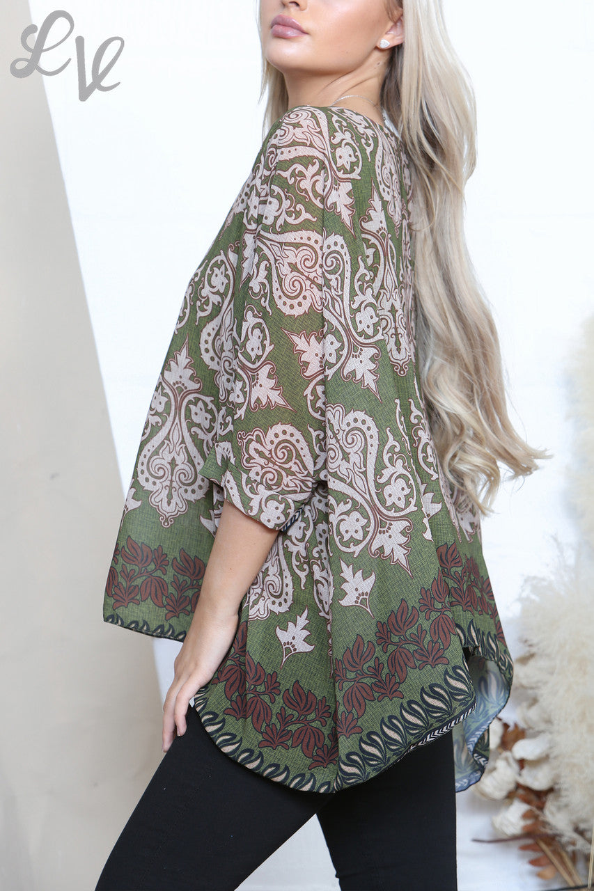 Ladies Damask Paisley Print Batwing Blouse Top Khaki