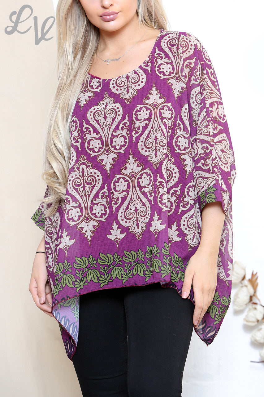 Ladies Damask Paisley Print Batwing Blouse Top Purple