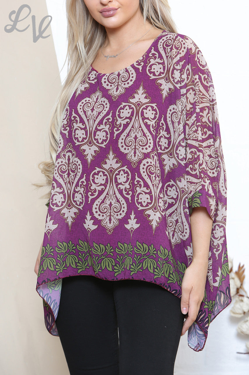 Ladies Damask Paisley Print Batwing Blouse Top Purple
