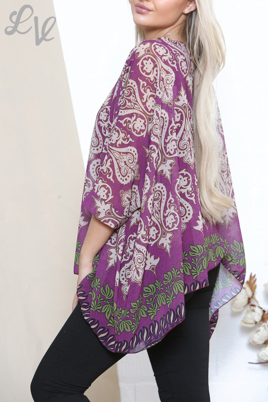 Ladies Damask Paisley Print Batwing Blouse Top Purple