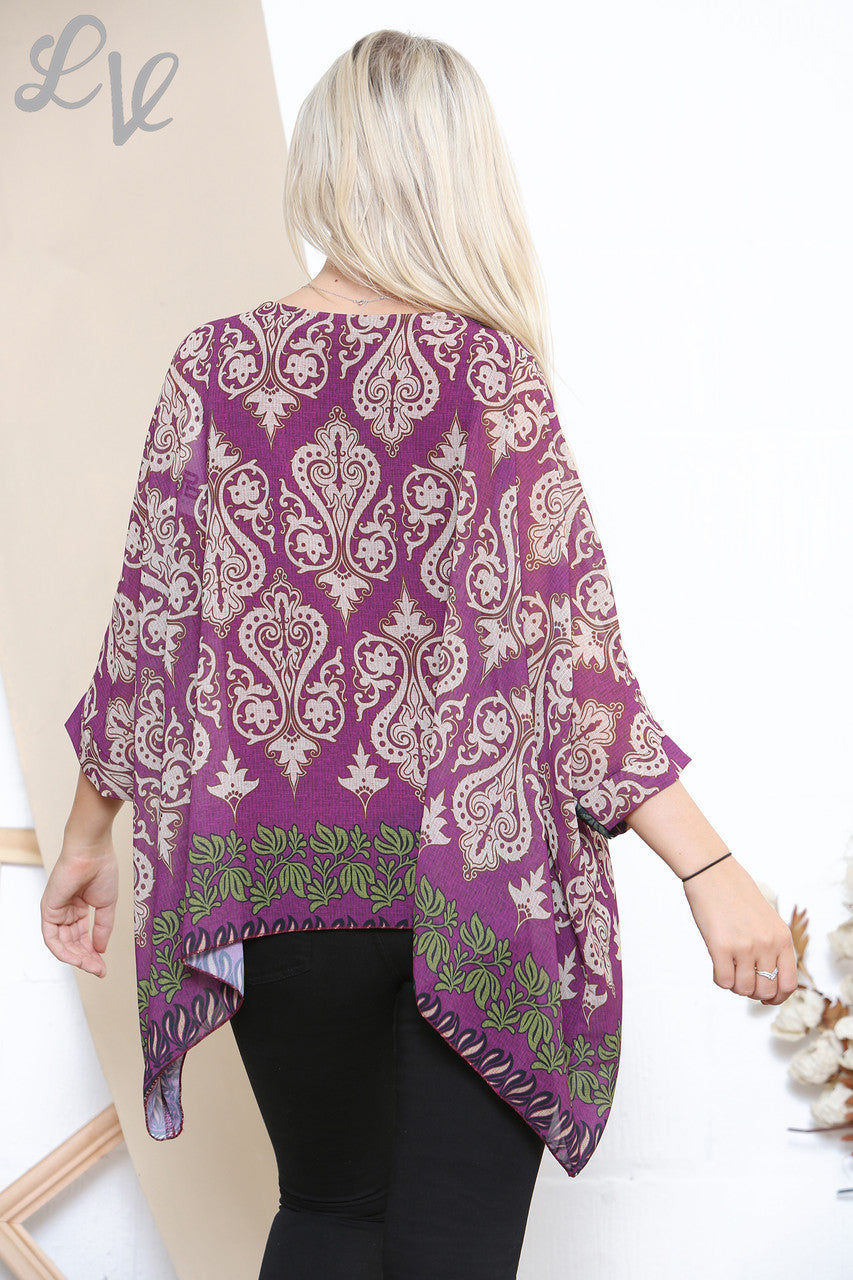 Ladies Damask Paisley Print Batwing Blouse Top Purple