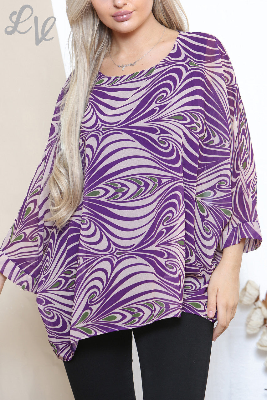 Ladies Mable Swirl Print Batwing Blouse Top Purple