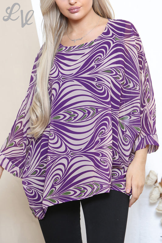 Dames Mable Swirl Print Vleermuismouw Blouse Top Paars