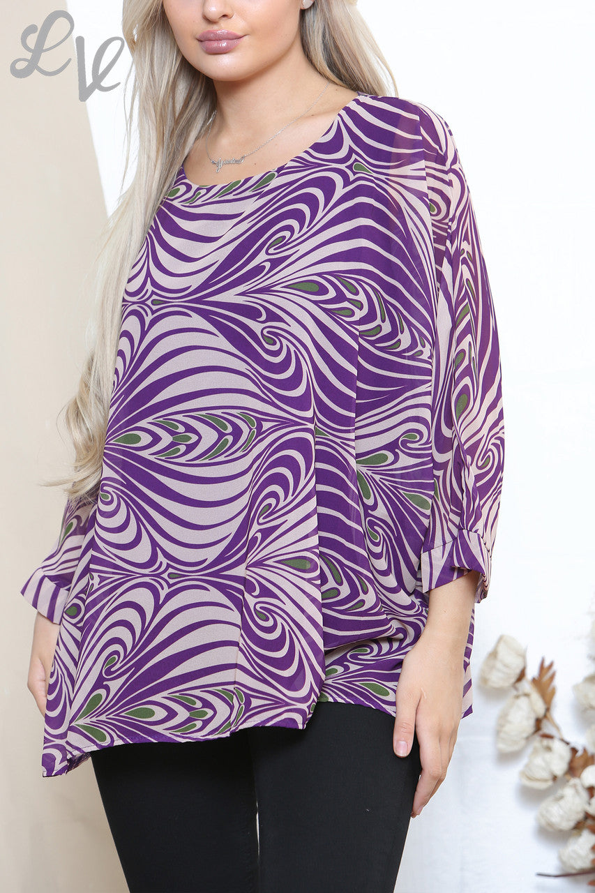 Ladies Mable Swirl Print Batwing Blouse Top Purple