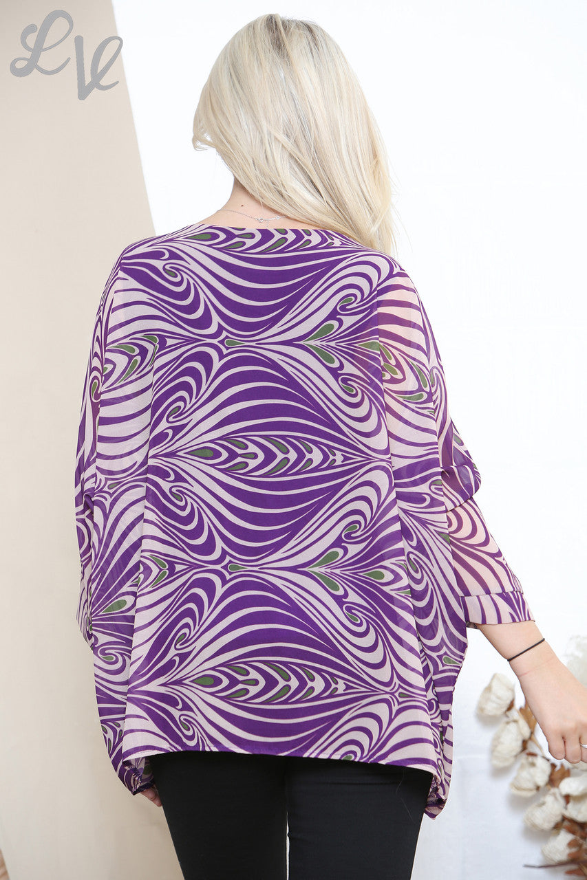 Ladies Mable Swirl Print Batwing Blouse Top Purple