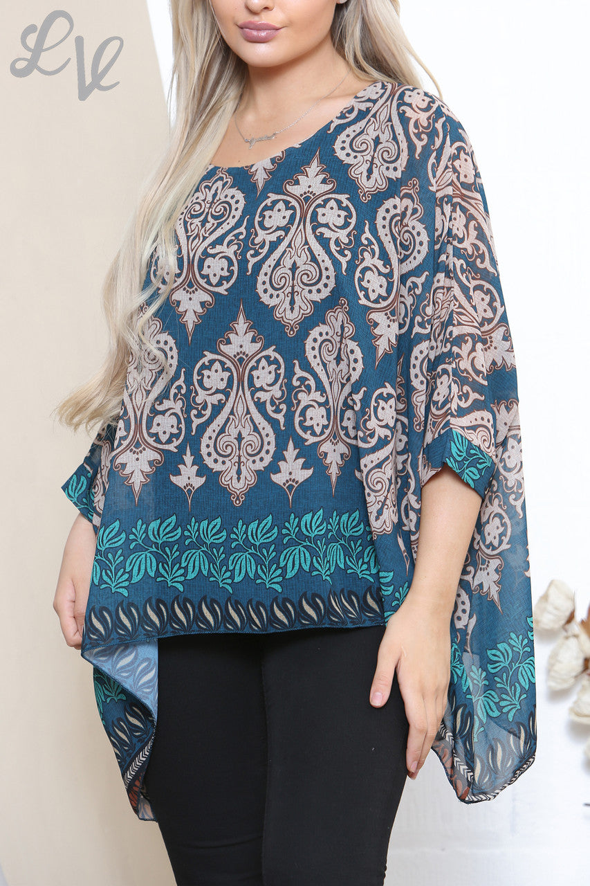 Dames Batwing Blouse Top met Damast Paisley Print Petrol