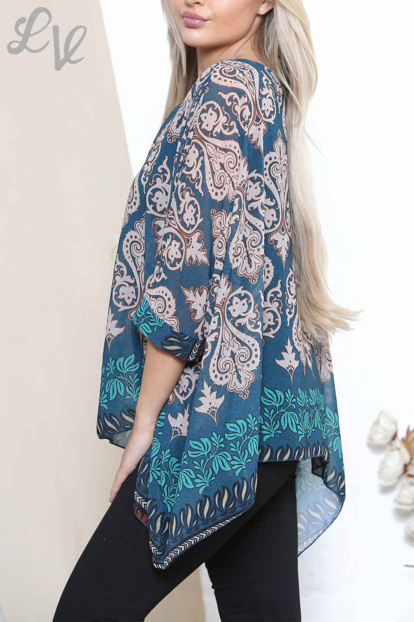 Dames Batwing Blouse Top met Damast Paisley Print Petrol