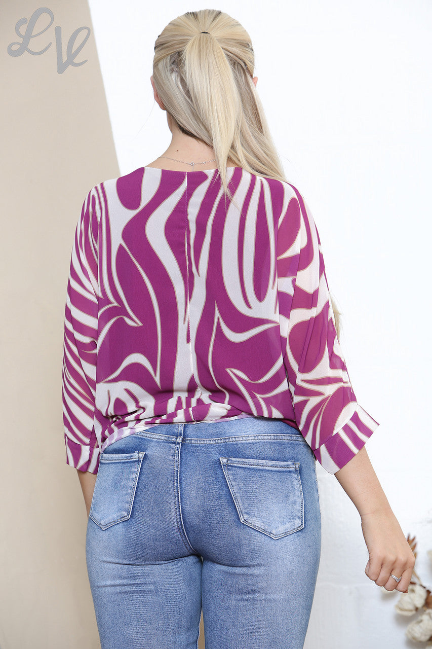 Dames blouse met marmerprint en strik aan de zijkant paars