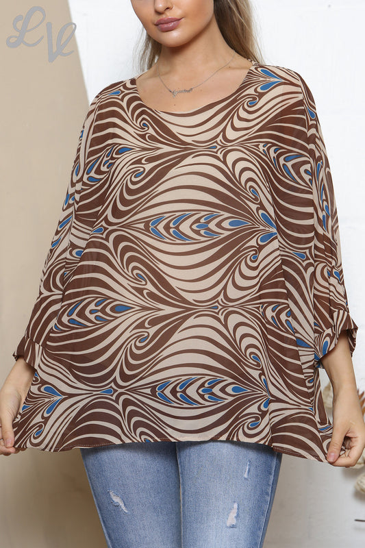 Dames Mable Swirl Print Batwing Blouse Top Tan