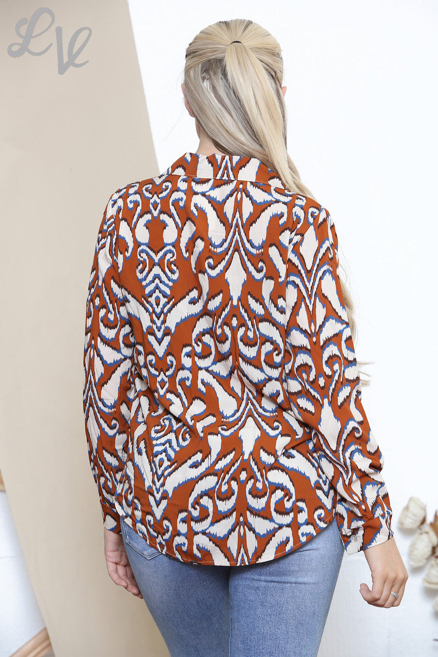 Ladies Damask Tribal Print Shirt Rust
