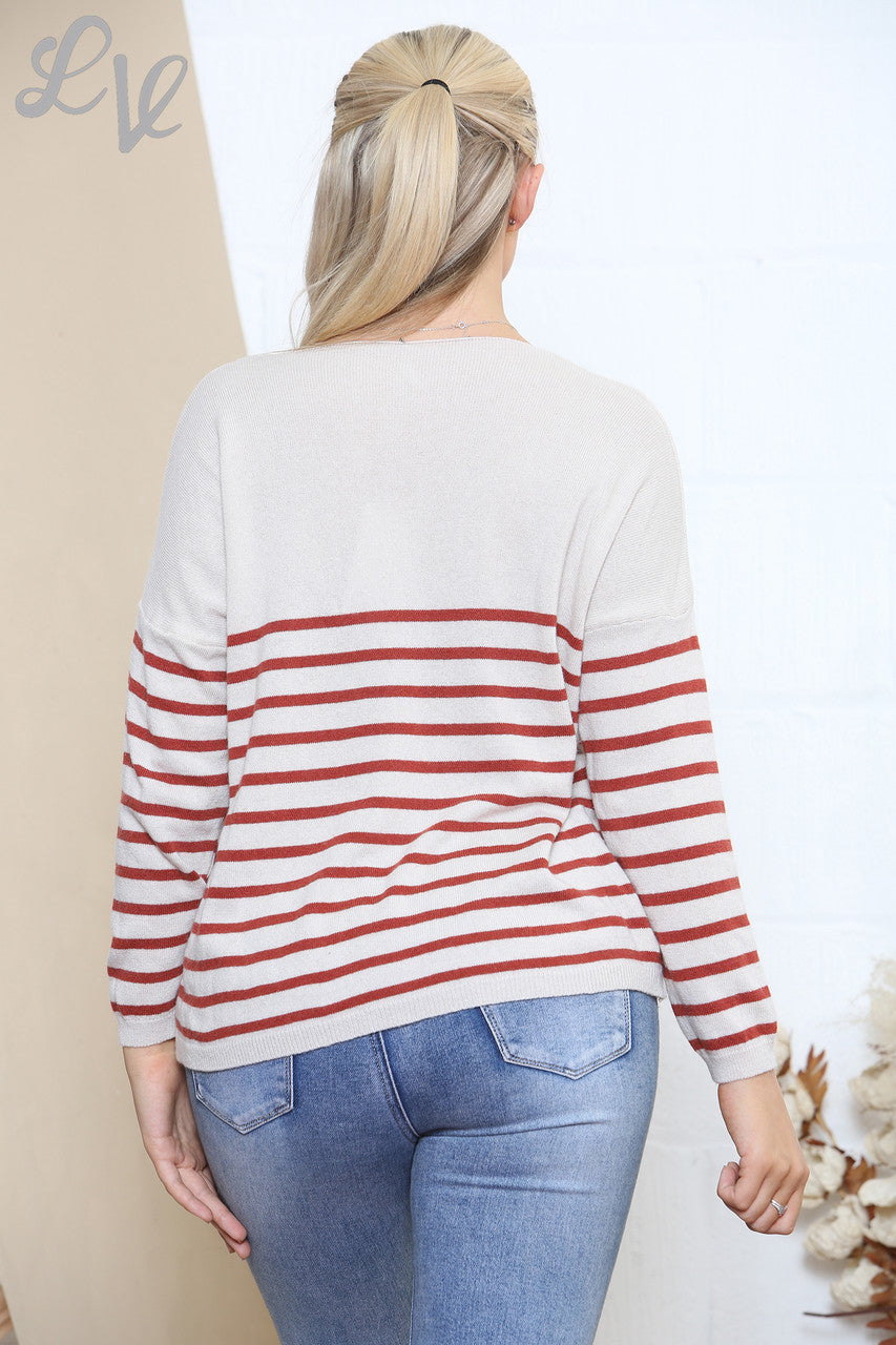 Ladies Fine Stripe Fines Knit Jumper Top Rust