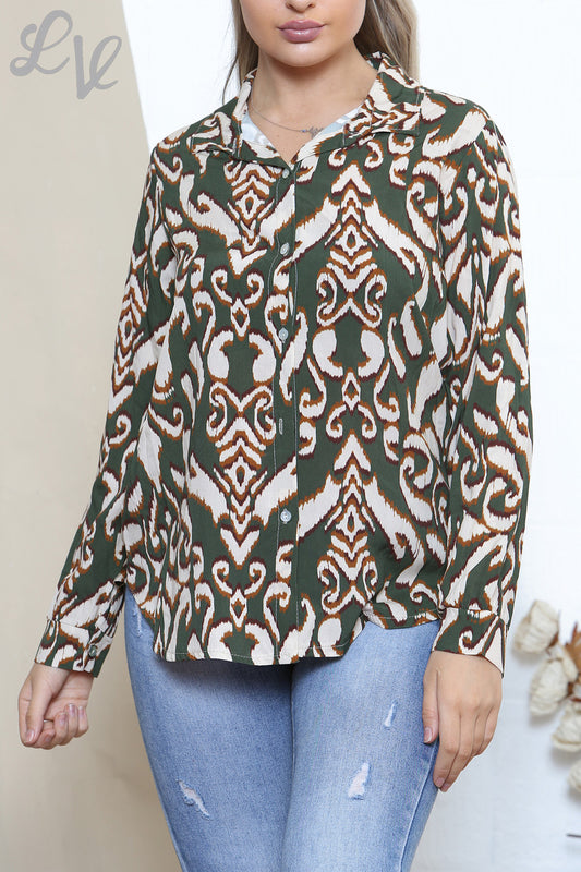 Dames Damask Tribal Print Shirt Kaki