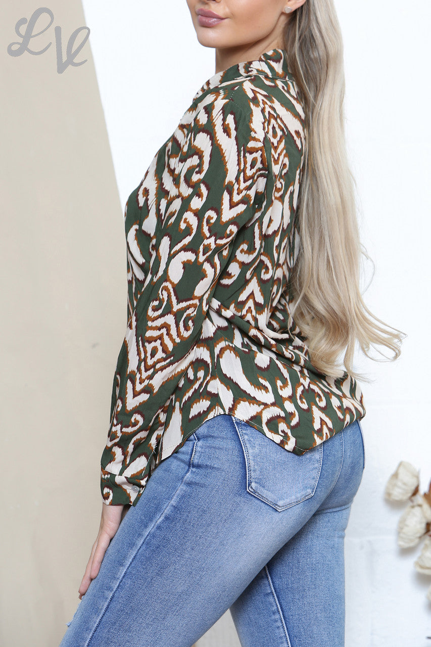 Ladies Damask Tribal Print Shirt Khaki