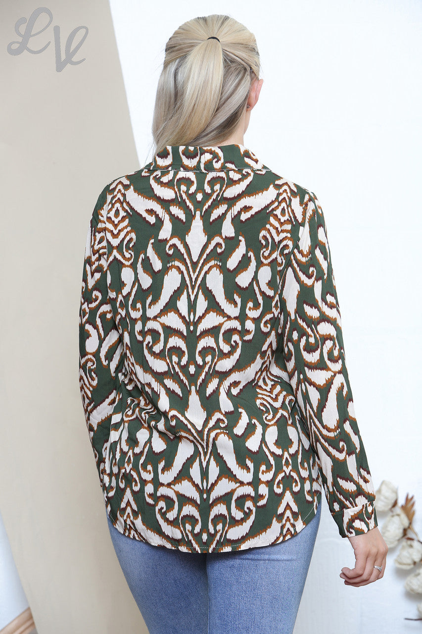 Ladies Damask Tribal Print Shirt Khaki
