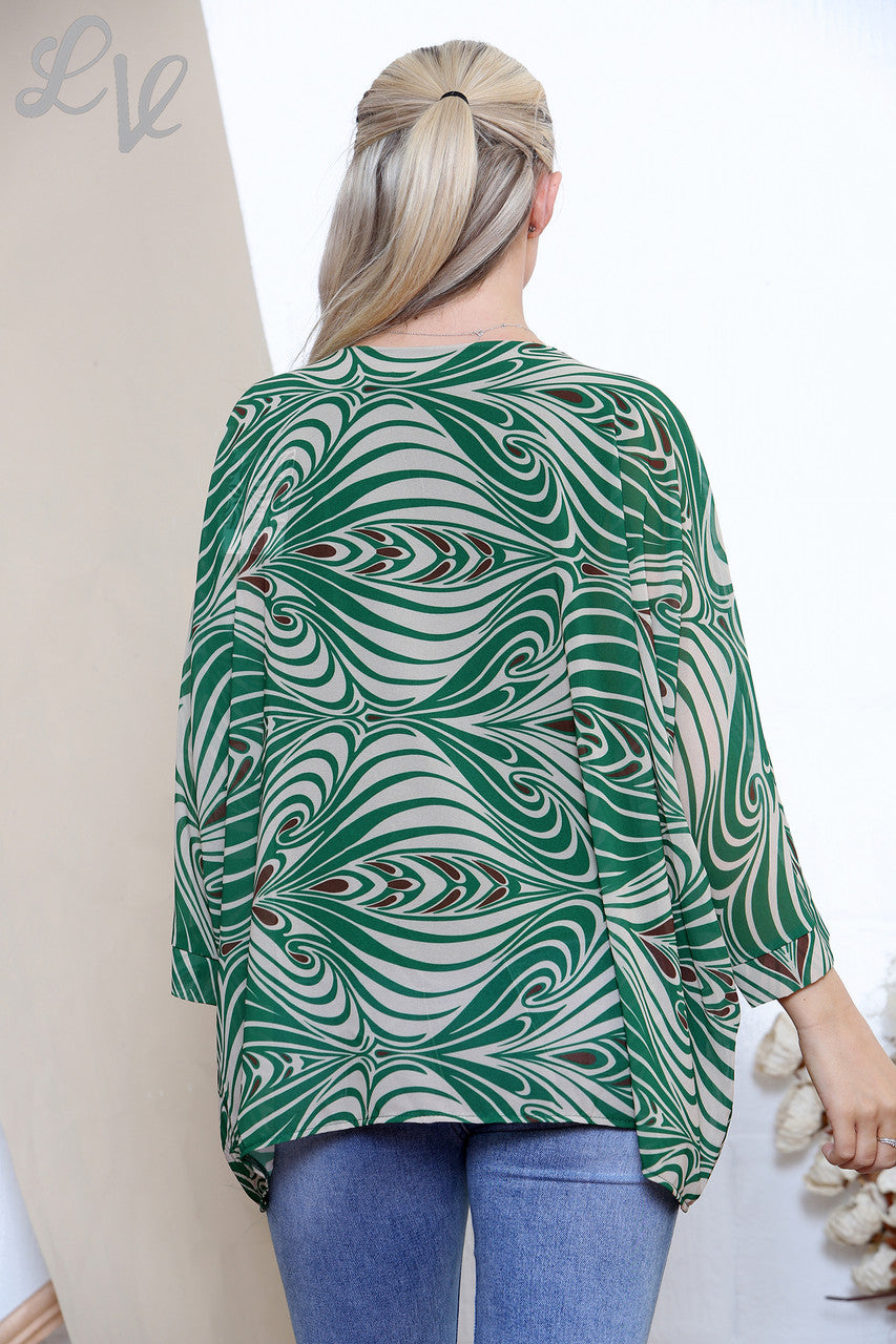 Ladies Mable Swirl Print Batwing Blouse Top Green
