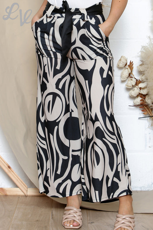 Dames Broek met Abstracte Vormen Print en Riem Zwart & Steen