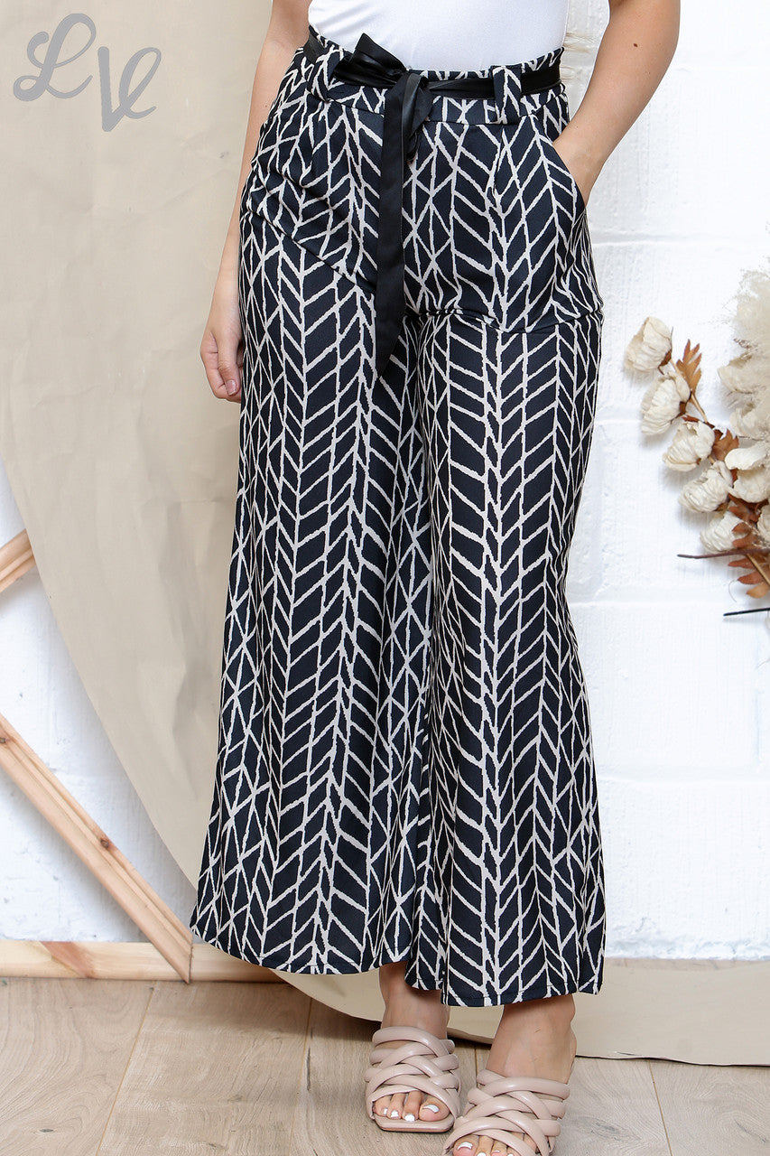 Dames Driehoek Outline Print Stretchbroek Met Riem Zwart & Steen