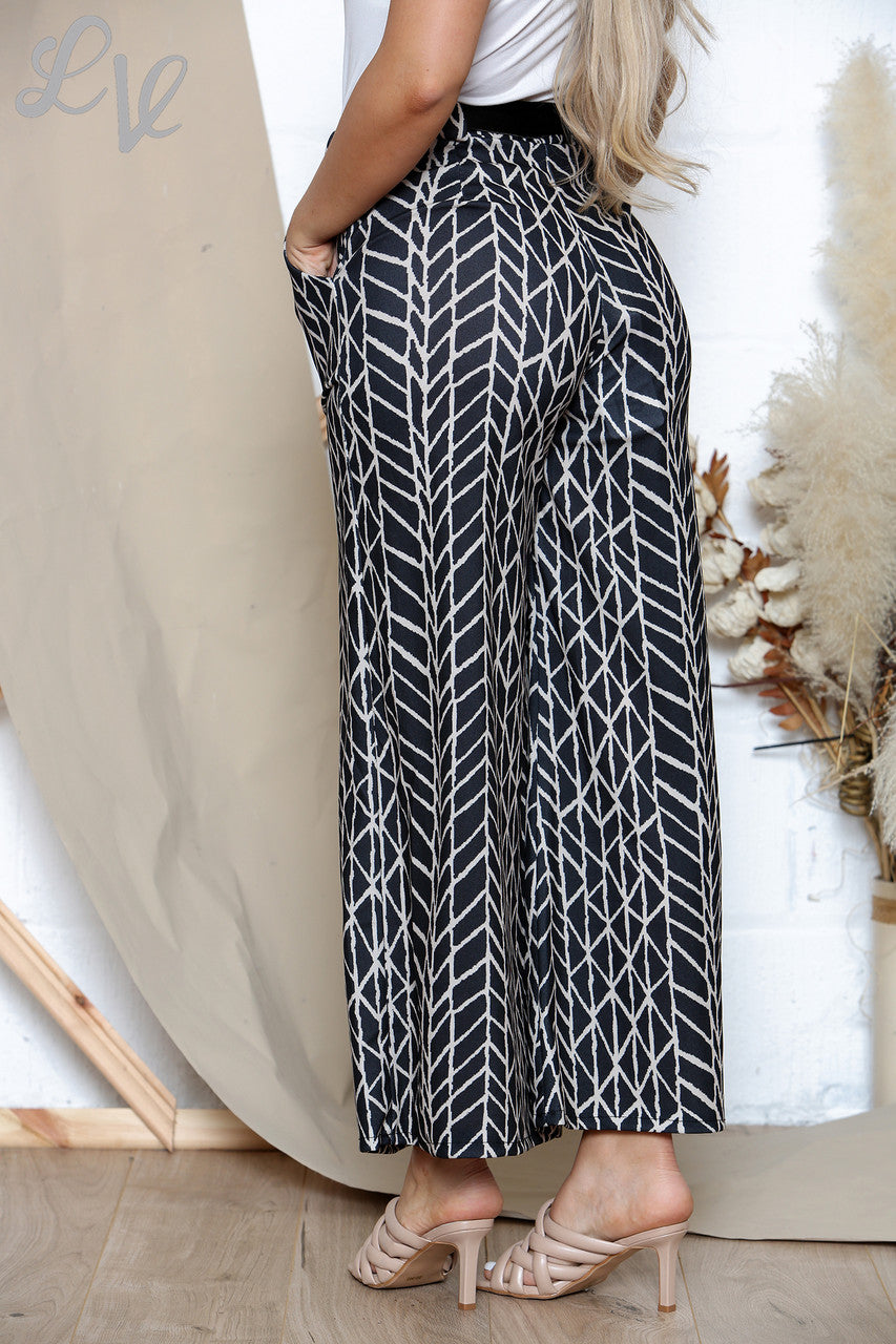 Dames Driehoek Outline Print Stretchbroek Met Riem Zwart & Steen