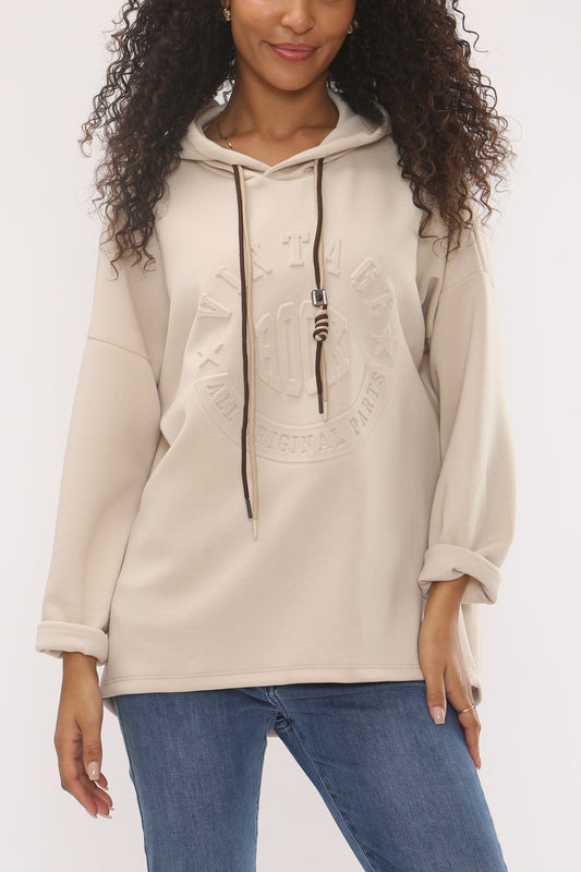 EMBOSSED VINTAGE SOFT TOUCH HOODED SWEATSHIRT - BEIGE