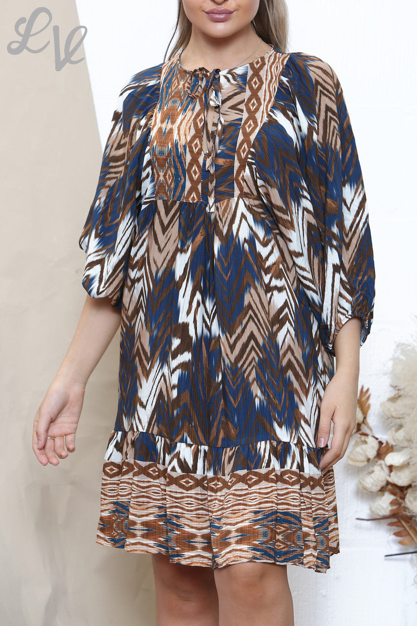 Ladies Tribal Zig Zag Print Dress Blue