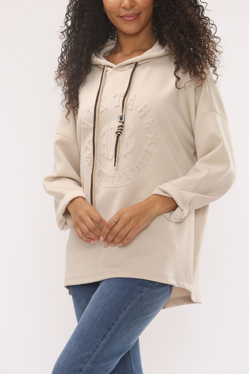EMBOSSED VINTAGE SOFT TOUCH HOODED SWEATSHIRT - BEIGE
