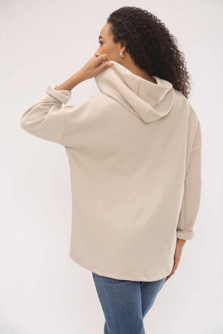 EMBOSSED VINTAGE SOFT TOUCH HOODED SWEATSHIRT - BEIGE