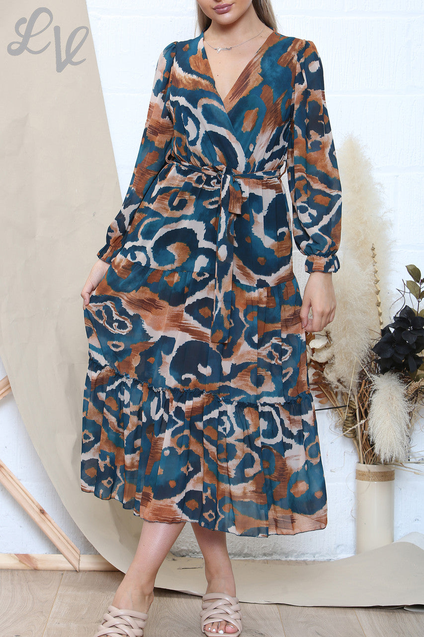 Ladies Swirl Blue Print Dress Teal